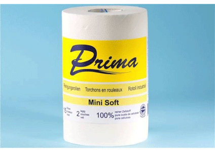 Mini-Reinigungsrollen Prima Soft 2-lag.
57 lfm Rollenbr./durchm. 20/13 cm Pack 15 Rollen