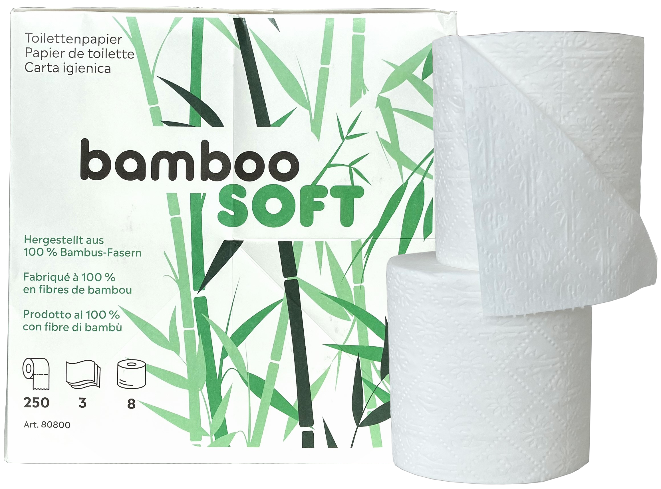Toilettenpapier BambooSoft 100% Bambus-Zellstoff 3 Lagig, weiss, Pack zu 8 Rollen, Karton zu 8 Pack 